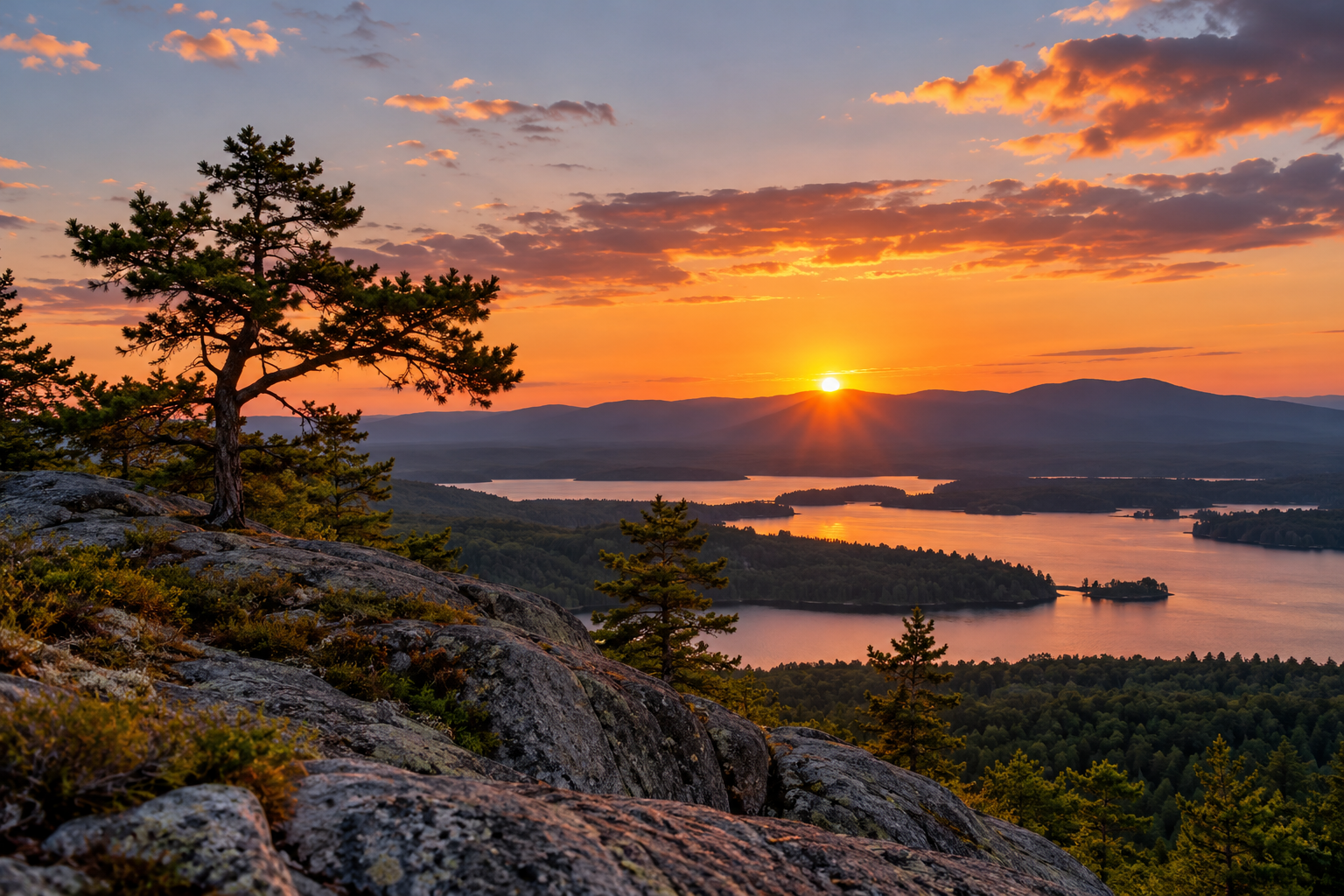 An AI generated image of a sunset or sunrise over a mountain in front of a body of water with trees and rockl